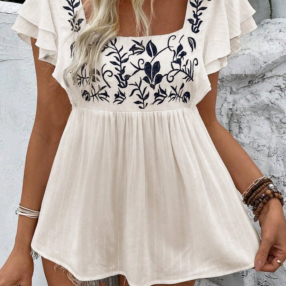 Apricot Boho Women's Square Neck Embroidered Short Sleeve Shirt Peplum Top - Picture 4 of 6